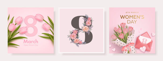 Fototapeta na wymiar International women's day square banner or greeting card design template set with realistic tulips, envelope, 8 number and hand drawn flowers. Romantic elegant background. Vector illustration