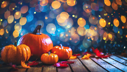 Halloween, orange pumpkins on a wooden table on a bokeh glowing background, copy space, Generated AI