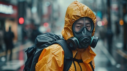 Man wearing bio hazard suits in on city streets due to pollution and contamination