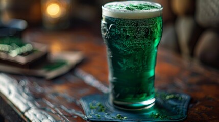 Frothy green beer in a pint glass, adorned with shamrocks for St. Patrick's Day celebration, on a rustic wooden table with warm bokeh lights