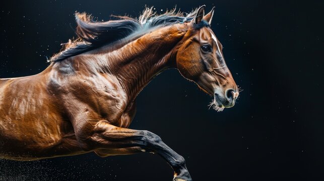 Horse jump on a black background. Flying animal.