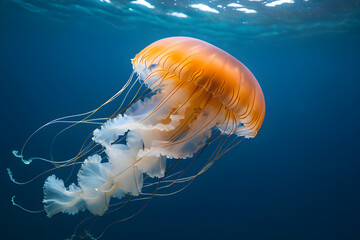 jellyfish swims in the blue sea, underwater world, ocean, animal, underwater - obrazy, fototapety, plakaty