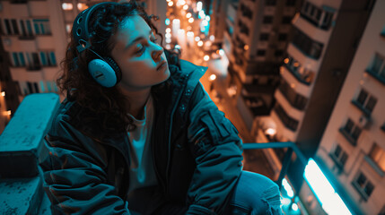 At night a woman, clad in a blue jacket, sits on a rooftop ledge overlooking the city street below, immersed in music through her headphones