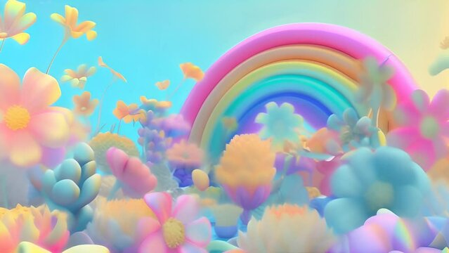 rainbows and flowers 3d render style, vibrant pastel colors