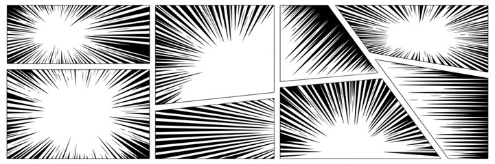 Manga comic motion line effect background set. Anime flash explosion black frame. Vector isolated illustration. 
