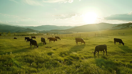 Cattle graze on a lush green pasture with rolling hills in the background, bathed in the golden light of a setting sun. - obrazy, fototapety, plakaty