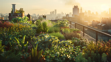 A vibrant urban garden blooms on a balcony at golden hour, with a mix of herbs and flowers basking in the warm sunset light