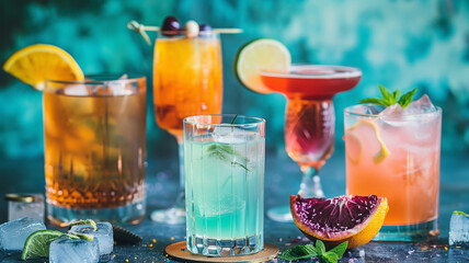 An array of artisanal cocktails, each with a unique color and garnish, artfully presented against a vibrant backdrop
