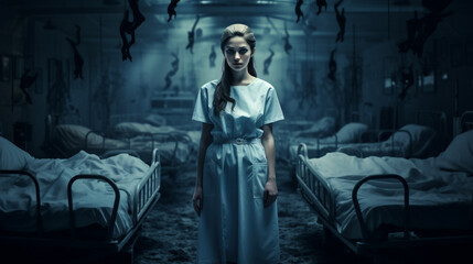 Fototapeta premium Scary nurse ghost spirit at an abandoned hospital patient ward