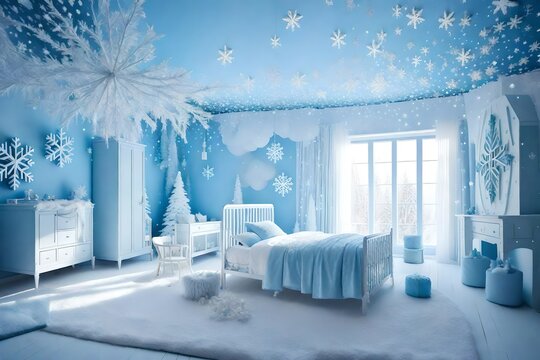 A winter wonderland baby bedroom with snowflake decor, icy blue hues, and cozy winter-themed bedding. A magical space for a little one to dream of snow