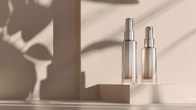 Two sleek cosmetic spray bottles bask in the soft, warm light, casting elegant shadows, epitomizing minimalist luxury in beauty product design