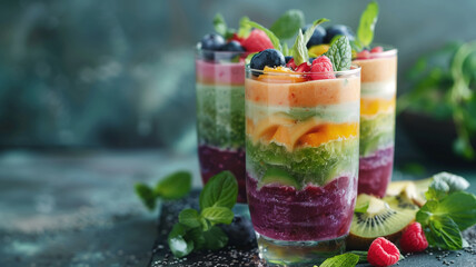 refreshing fruit parfaits with vibrant layers of fresh berries, mango, kiwi, and smoothie, garnished with mint, offering a healthy and colorful treat
