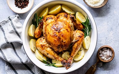 Whole chicken roasted in a porcelain bowl with potatoes.