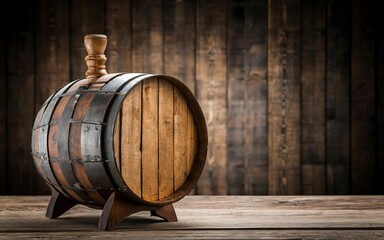 Wine beer cognac whiskey or rum barrel on wooden table.