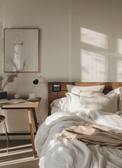 Interior of modern bedroom with white walls, wooden floor, comfortable king size bed with white linen, table with book and plant.