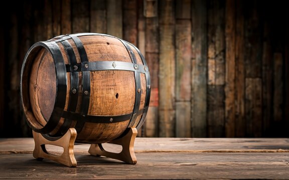 Wine beer cognac whiskey or rum barrel on wooden table.