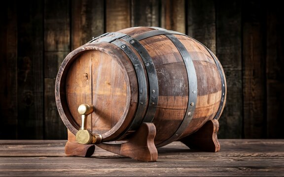 Wine beer cognac whiskey or rum barrel on wooden table.