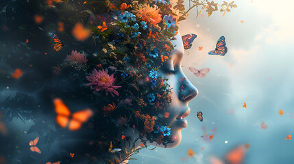 The human mind with flowers and butterflies growing concept, copy space, generative ai