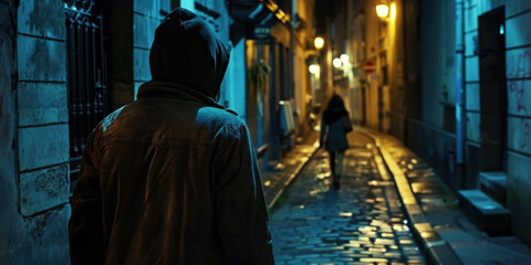 Crime, stalking and sexual assault concept. Back of man in hood following woman in dark narrow street at night late evening - obrazy, fototapety, plakaty