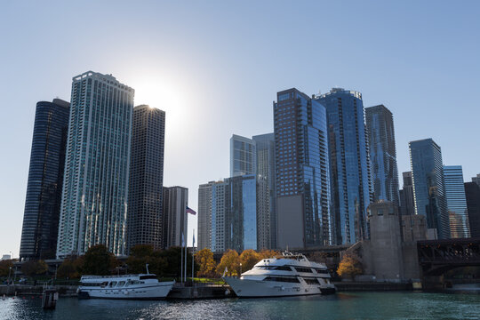 Downtown city skyline at dusk of Chicago.