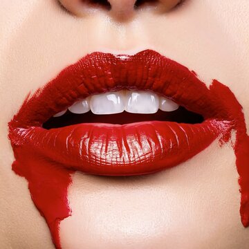 Red female lips. Lipstick drips. Lips in splash of paint