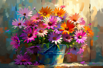 An image of a bouquet of beautiful flowers in a container.