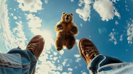 A bear attacks a man. An animal predator jumps on a person against the sky. First person view with human legs - obrazy, fototapety, plakaty