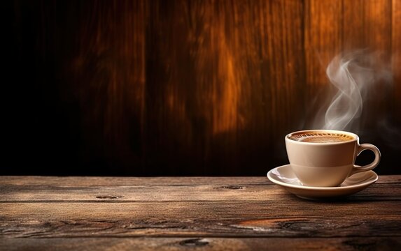 Cup of coffee on wooden table web banner size. Brown blurred background. Relaxed pace time. Good morning concept. AI Generative.