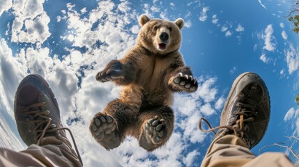 A bear attacks a man. An animal predator jumps on a person against the sky. First person view with human legs