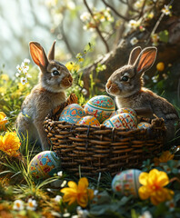 Fototapeta na wymiar Basket with coloured eggs on the Green Spring Meadow. Next to the sitting baby hares. AI generative.