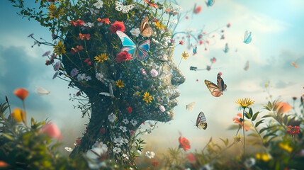 The human mind with flowers and butterflies growing concept, copy space, generative ai