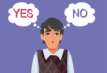 Man Deciding in a Simple Yes or No problem Vector Illustration. Guy thinking about the answer to one elementary question
