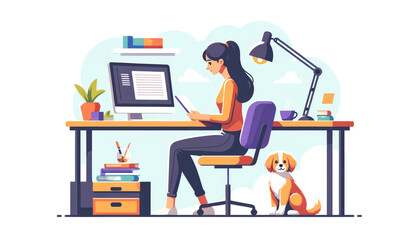 Young woman working on a computer at home, with a cute dog sitting nearby.