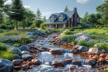 A residence with a rain garden, allowing for the natural filtration of rainwater and minimizing runoff into stormwater systems. Concept of natural water filtration. Generative Ai.