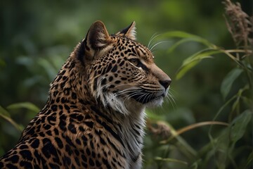 Obraz premium ntense Focus: Majestic Leopard in Natural Habitat, Alert and Attentive Amidst Greenery, Symbol of Stealthy Power and Graceful Agility, generative AI