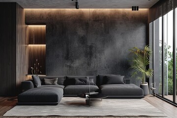 A modern luxury living room with a black sofa, paired with a dark concrete wall that offers a sleek and contemporary vibe