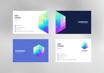 Vector business card template with rainbow polygonal hexagonal logo and colored background, modern minimalistic brand design
