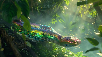 Amidst a lush, enchanted forest, a vibrant rainbow serpent gracefully slithers through the verdant foliage, its scales shimmering with all the colors of Pride. - obrazy, fototapety, plakaty