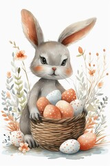 cute easter bunny with a basket of eggs. watercolor illustration