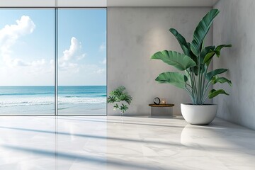 Indoor plant on white floor with empty concrete wall background, Lounge and coffee table near glass window in sea view living room of modern luxury beach house or hotel - Home interior