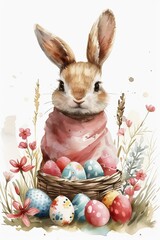 cute easter bunny with a basket of eggs. watercolor illustration