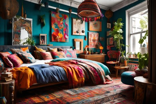 A vibrant Bohemian-style bedroom filled with colorful textiles, eclectic furniture, and an artsy vibe for a lively and creative space