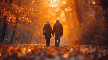A pair strolling on a bright fall afternoon.