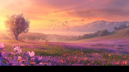 Zelfklevend Fotobehang As dawn breaks on Mother's Day, a spectral meadow comes alive with the vibrant colors of spring, its rolling hills carpeted with a tapestry of wildflowers that stretch as far as the eye can see. © MuhammadAshir