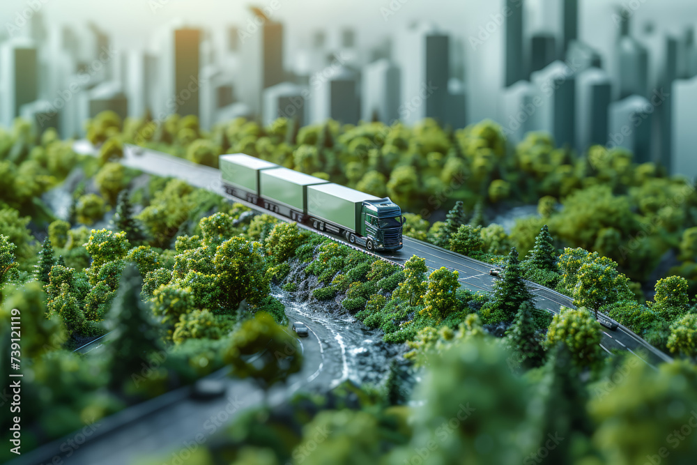 Wall mural A green logistics company optimizing transportation routes for fuel efficiency and emissions reduction. Concept of sustainable logistics. Generative Ai.