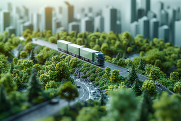 A green logistics company optimizing transportation routes for fuel efficiency and emissions reduction. Concept of sustainable logistics. Generative Ai. - obrazy, fototapety, plakaty