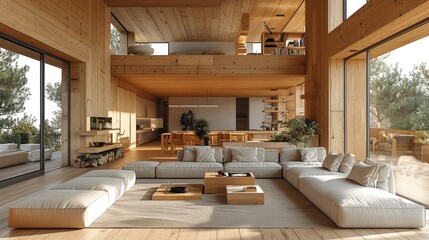 "Salon moderne avec int&eacute;rieur chaleureux en bois"