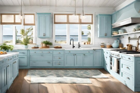 A coastal-inspired kitchen with light blue cabinets, white subway tiles, and beachy decor. Large windows bring in the seaside ambiance
