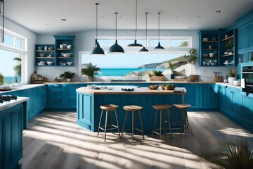 A coastal-themed kitchen with ocean-inspired blues, beachy decor, and natural textures. A refreshing space that brings the seaside indoors - obrazy, fototapety, plakaty