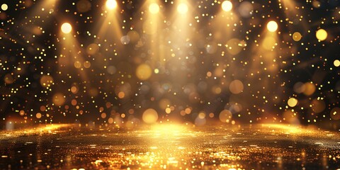 Naklejka premium A lavish illustration featuring a gilded stage, sparkling lighting, and bokeh decorations.